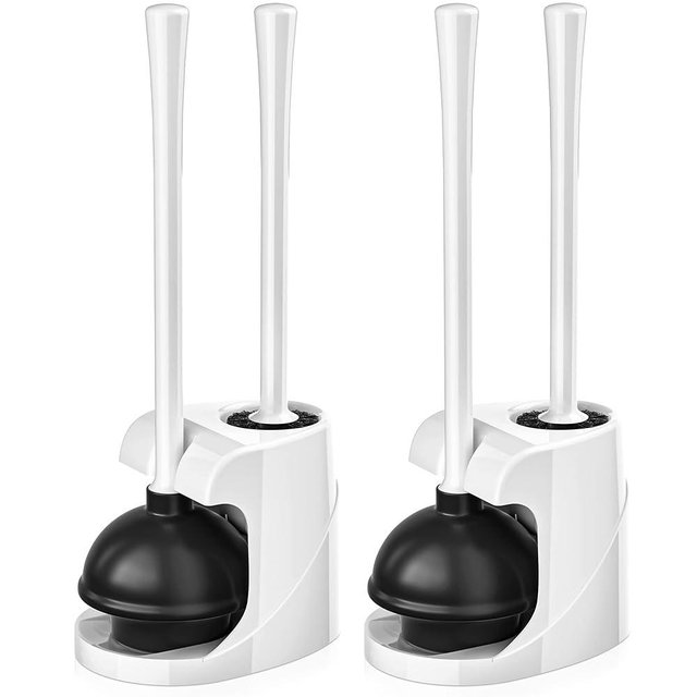 Toilet Plunger and Brush, Bowl Brush and Heavy Duty Toilet Plunger Set with Ventilated Holder, 2-in-1 Bathroom Cleaning Combo with Modern Caddy Stand (White, 2 Set)