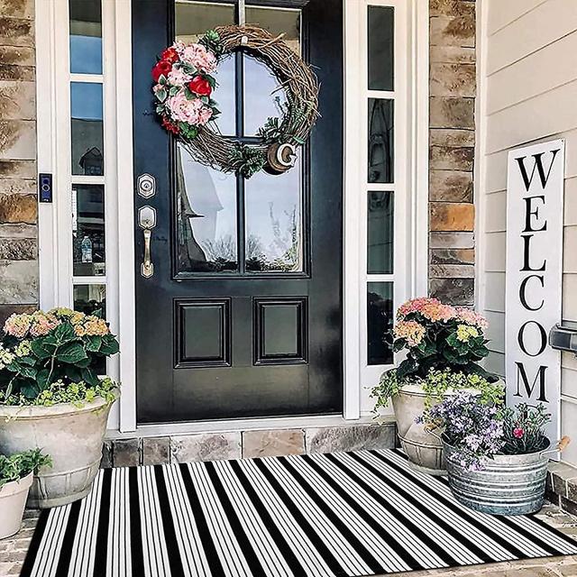 EARTHALL Black and White Striped Rug Outdoor 3'x 5', Cotton Hand-Woven Riviera Striped Door Mat, Reversible Foldable Washable Outdoor Rug Stripe for Layered Door Mats Porch/Front Door (35.4''x59'')