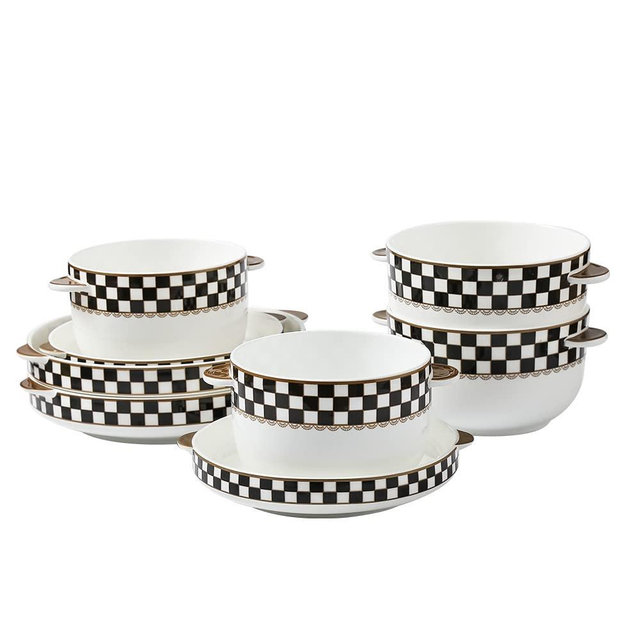 Porlien Checkered 8-Piece Plates and Bowls Set with Handles, Set of 2, Dessert/Cereal Bowls & Salad/Soup/Dessert Plates