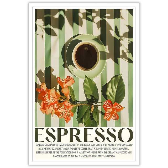 Funny Espresso Coffee Poster Trendy Kitchen Canvas Wall Art Green Coffee Cup On Table Floral Aesthetic Prints Painting For Living Room Kitchen Cafe Bar Wall Decor 16x24in Unframed