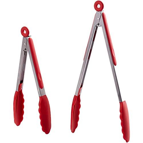 HiramWare Kitchen Tongs Set of 2 – 9 inch & 12 inch – Stainless Steel Food Tongs with Silicone Tips – Premium Locking Non-stick Tongs for Cooking, BBQ, Grilling, Salad - Heavy Duty, BPA Free(Red)