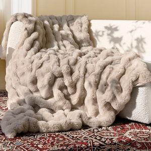 Ultra Soft Cozy Faux Fur Throw Blanket, Fuzzy Plush Thick Bubble Blanket, Oversize Luxury Fluffy Blanket for Couch, Sofa, Bedroom, and Living Room, 50x60 Inches, Light Brown