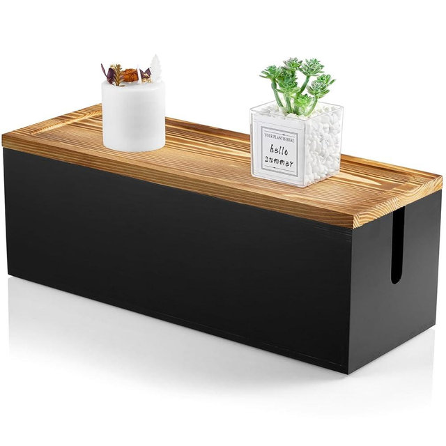 Bivvclaz Large Cable Management Box, Wooden Cord Organizer Box for Desk, Floor, Office to Hide Extension Cords Power Stripes Surge Protectors Chargers Wires, Black