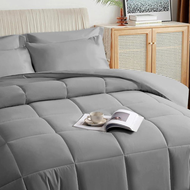 TAIMIT Grey Queen Size Comforter Set - 7 Pieces, Bed in a Bag Bedding Sets with All Season Soft Quilted Warm Fluffy Reversible Comforter,Flat Sheet,Fitted Sheet,2 Pillow Shams,2 Pillowcases