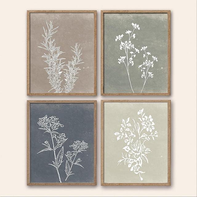 Framed Boho Wall Art Set of 4 for Wooded Minimalist Botanical Print Wall Art for Rustic Vintage Farmhouse Home Kitchen Wall Decor (Brown, 12x16)