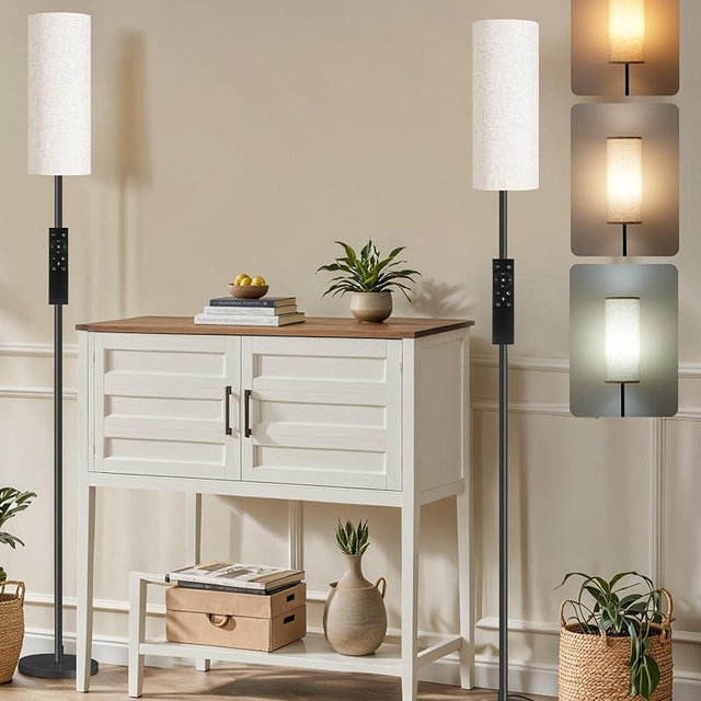 2 Pack Dimmable Floor Lamps for Living Room with 2 Remotes and Foot Switch, Corner Floor Lamp, Standing Tall Lamp, 10W 900LM LED Bulb Included, 3000K-6500K, Linen Shade, FCC Listed E06LDP205W1