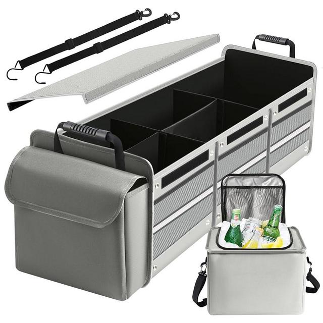 Car Trunk Organizer,115L Heavy Duty Collapsible Trunk Storage, with Insulated Leakproof Cooler Bag Vehicle Cargo Organizer with Lid, 3 Compartments, Straps For Car,Suv,Jeep,Sedan-Grey