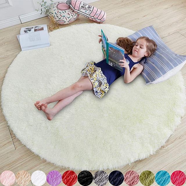 Ivory Round Rug for Bedroom,Fluffy Circle Rug 5'X5' for Kids Room,Furry Carpet for Teen's Room,Shaggy Circular Rug for Nursery Room,Fuzzy Plush Rug for Dorm,White Carpet,Cute Room Decor for Baby