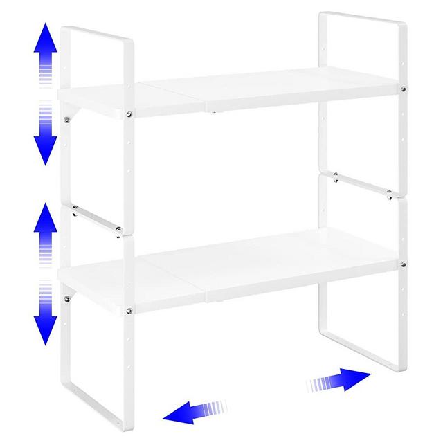 KIKIBRO Expandable stack-up Rack Counter Organizer Spice Cabinet Pantry Shelf Cupboard Stand Storage Shelves Bathroom Kitchen dinning study room Accessories 80LBS Heavy Duty White Small 2 PACK