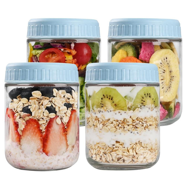 SHOWIN Overnight Oats Containers with Lids, 16oz Glass Jars with Lids 4 pcs, Light Blue, Wide Mouth Mason jars for Salad, Yogurt, Snacks, Meal Prep