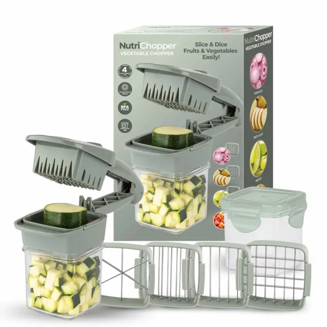 NutriChopper Sage Handheld Vegetable and Fruit Chopper with 4 Stainless Steel Blades & Catch Container