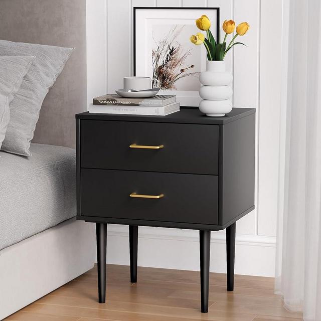 Smart FENDEE Black Nightstand with 2 Drawers, 26" Tall Modern Bedside Table, Mid-Century Modern End Table, Wood Night Stand with Solid Wood Leg for Bedroom, Office
