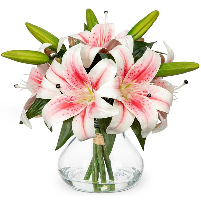 Artificial Flowers Tiger Lily Real Touch with Vase Easter Lily Pink Lilies Silk Faux Flowers Arrangements in Glass Vase with Faux Water Easter Decor Fake Floral Bulk Bouquet for Office Home Decor