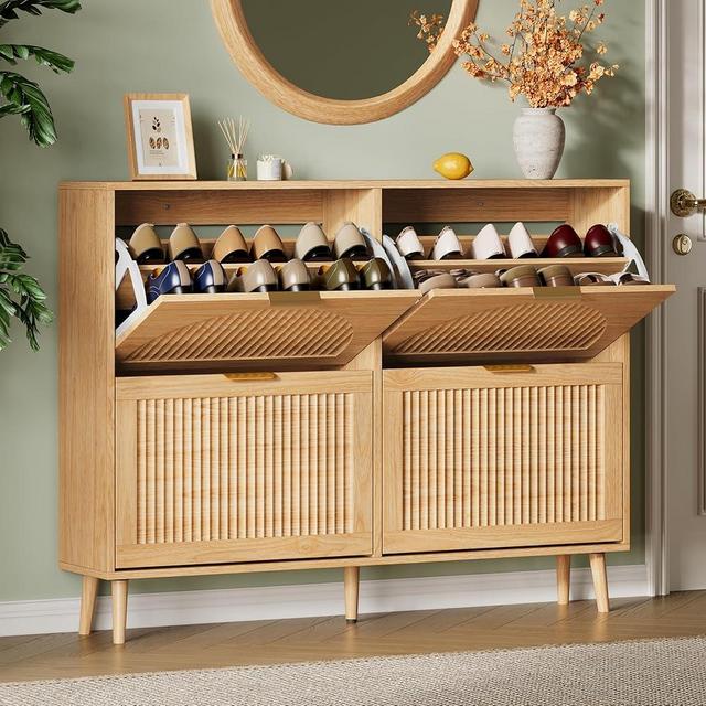 Xixini Shoe Storage Cabinet with 4 Flip Drawers, 36" Tall Narrow Wood Fluted Shoe Organizer for Entryway, Freestanding Wooden Hidden Slim Shoe Rack for Front Door Entrance, Hallway, Foyer, Natural Oak