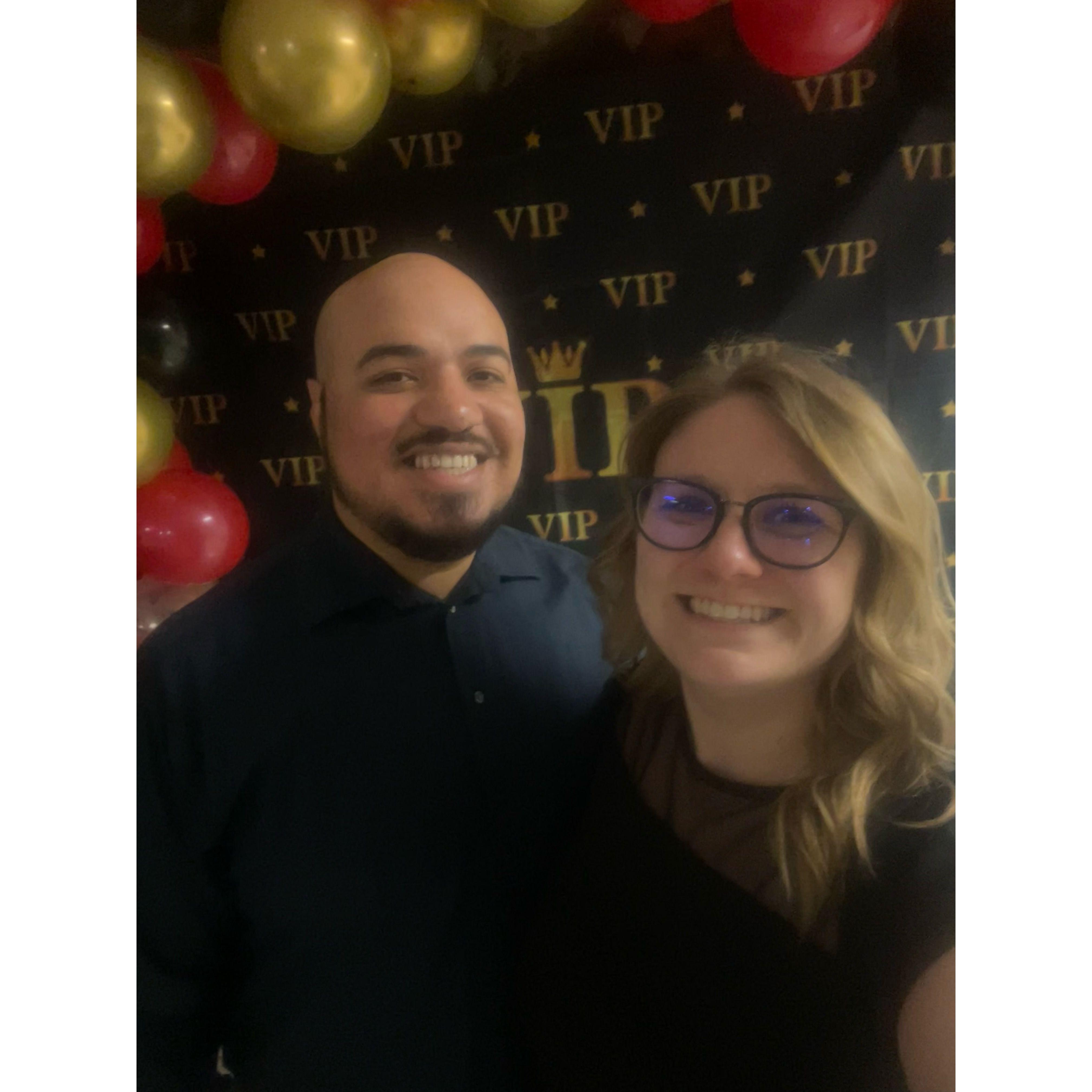 Hosting the 8th-grade dance together for the first time as fiancés!