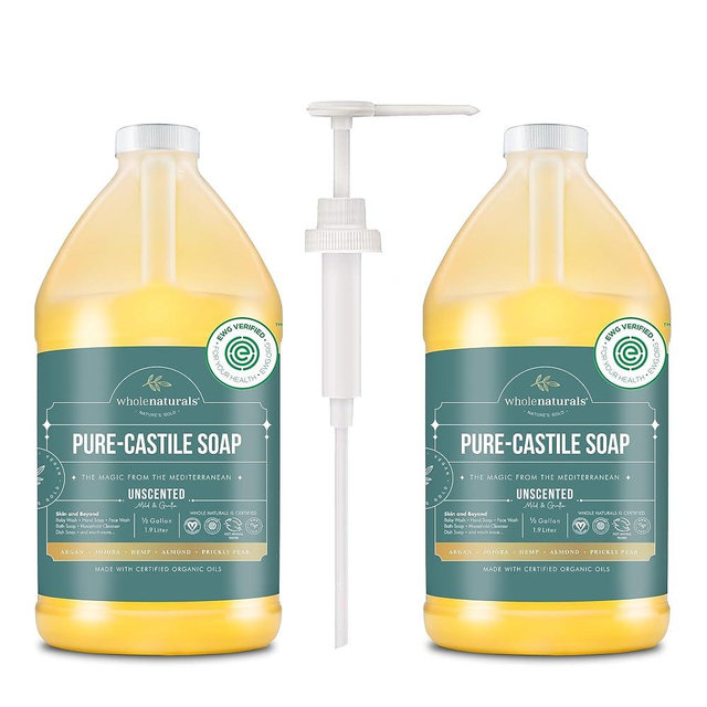 WHOLENATURALS Pure Castile Soap Liquid Unscented, EWG Verified & Certified Palm Oil Free - 1 gallon (64oz x2 with pump) Natural Soap, Mild & Gentle Non-gmo & Vegan - Organic Body Wash, Laundry, and Baby Soap