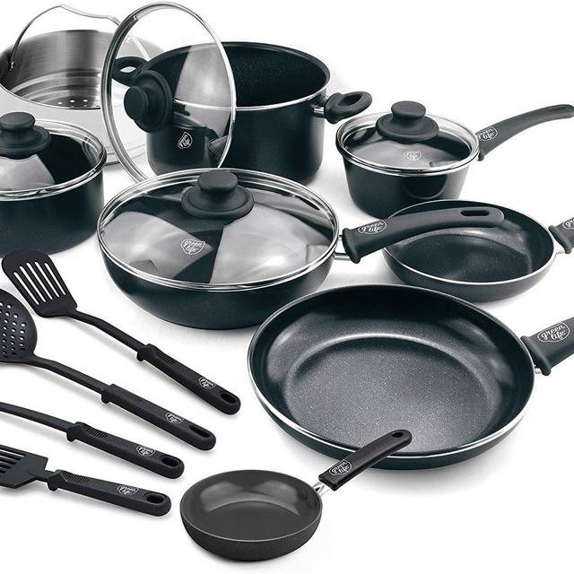 GreenLife CC001922-001 Soft Grip 16 Piece Ceramic Non-Stick Cookware Set, Black