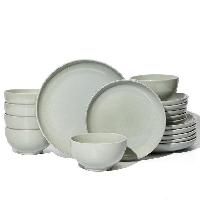 Pokini 18 Piece Dinnerware Set for 6, Reactive Glaze Terracotta Plates and Bowls Set, Large Family-Sized Stoneware Dish Set for Gatherings, Chip and Scratch Resistant, Slate Green