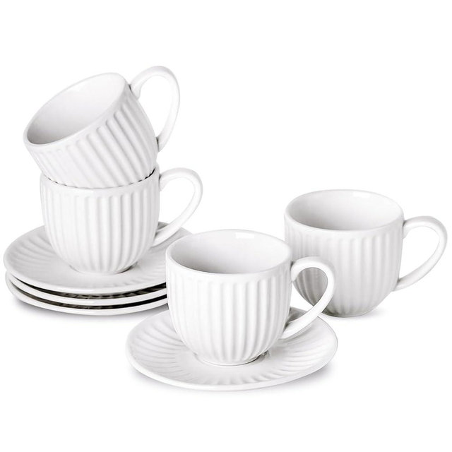 Tikooere Ceramic Espresso Cups with Saucers 5 Oz,Set of 4 Porcelain Demitasse Cups Set,Small Coffee Cups with Handle for Coffee,Tea,Latte and Macchiato,Cappuccino Mugs for Kitchen and Cafe,White