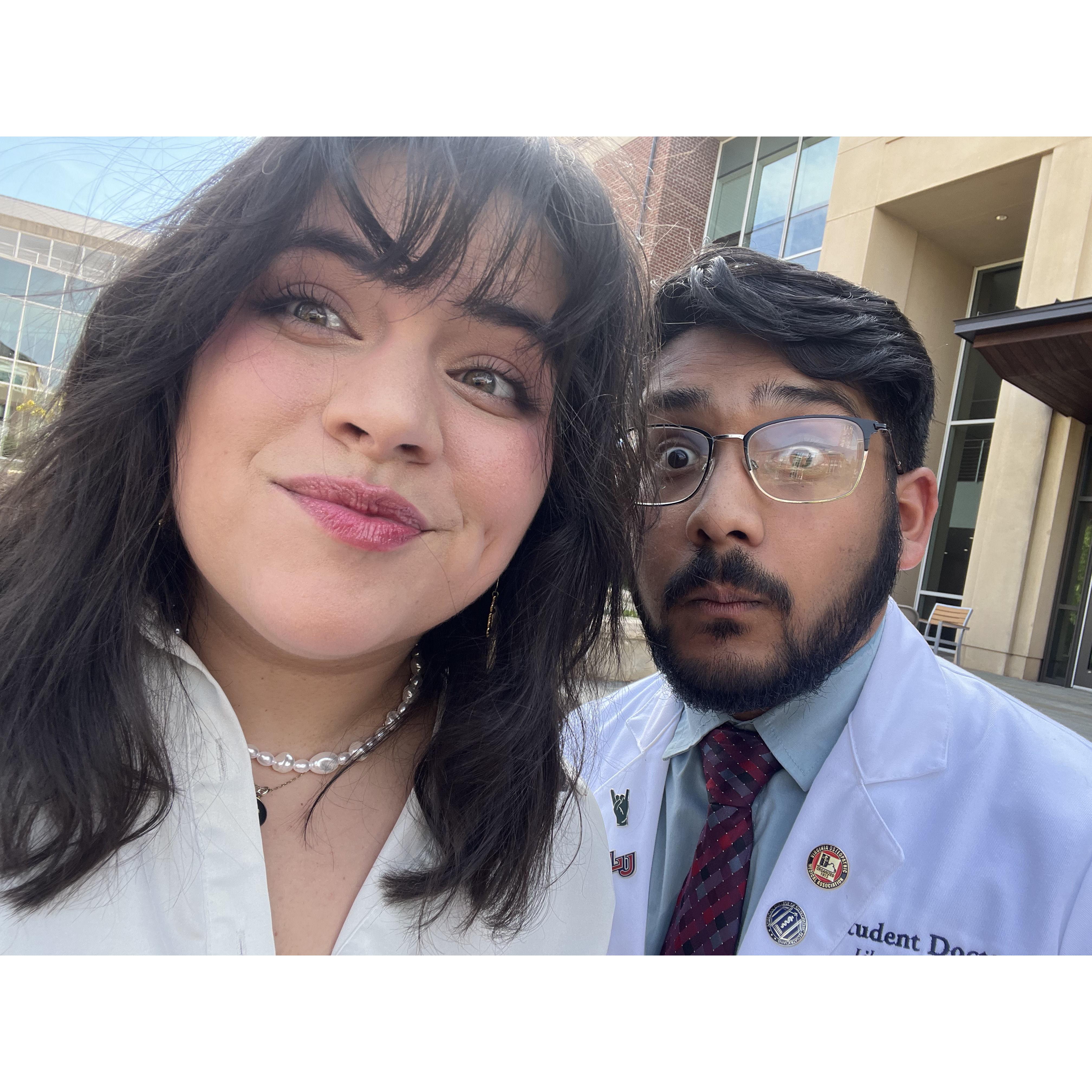 After Kushal's white coat ceremony where he was so focused on saying Hook 'em after talking about his undergrad at UT that he forgot to say his name.