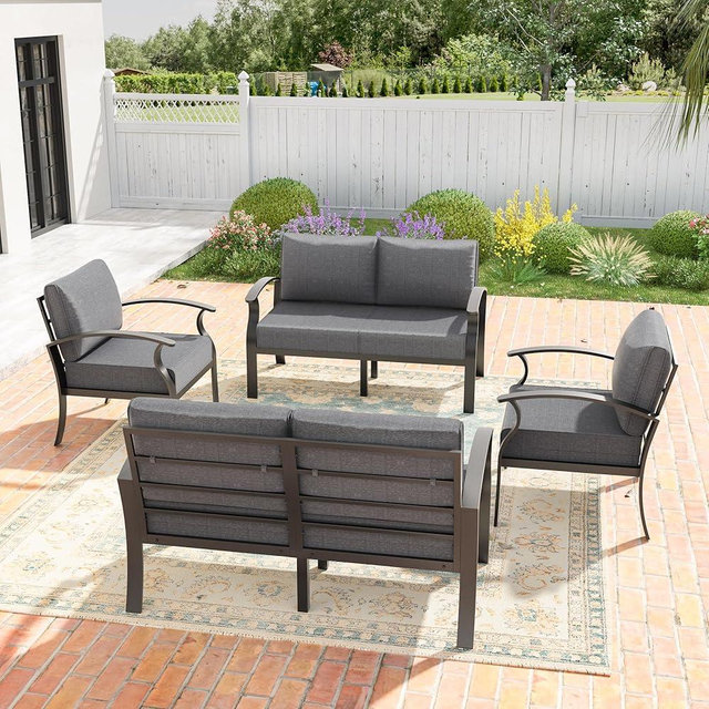 Kullavik Aluminum Patio Furniture Set,4 Pieces 6 Seat Metal Outdoor Furniture Conversation Set,Grey