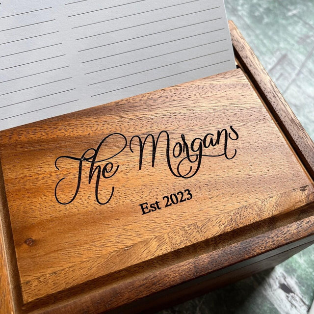 Wood Heirloom Recipe Boxes for 4x6 Cards | Bridal Shower Recipe Box | Kitchen Recipe Storage Box | Wedding Gift for Couple Fancy | Engraved