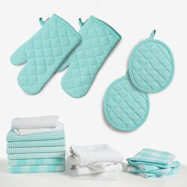 Lane Linen Kitchen Towels And Dishcloths Sets - 20Pc Kitchen Towel Set, 500 Degree Heat Resistant Oven Mitts & Pot Holder, Reusable Dish Cloths For Washing Dishes, Absorbent Kitchen Hand Towels - Aqua