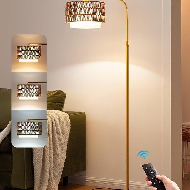 EDISHINE Rattan Floor Lamp for Living Room with Remote & Dimmable LED Bulb,63'' Mid Century Rattan Fabric Shade Standing Lamp with 5 Color Temperature, Farmhouse Boho Standing Lamp for Bedroom Office