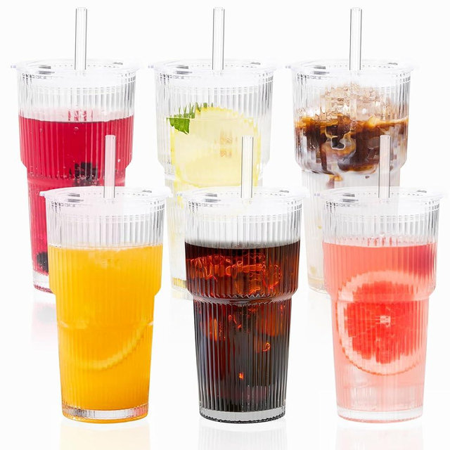 GOSCHE 20oz Glass Cups with Lids and Straws, Reusable Iced Coffee Cups, Thickened Glass Tumbler Set Ideal for Juices, Smoothies, Cocktails, and Beverage, Clear, 6 Pack
