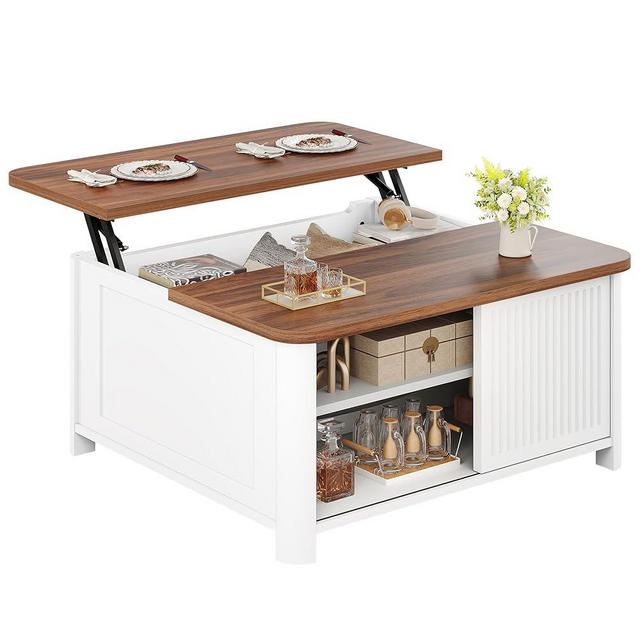 Decofy Lift Top Coffee Table with Storage, 31.5" Mid Century Modern Square Coffee Tables for Living Room, Large Hidden Storage Compartment, Adjustable Shelves & Sliding Door, White