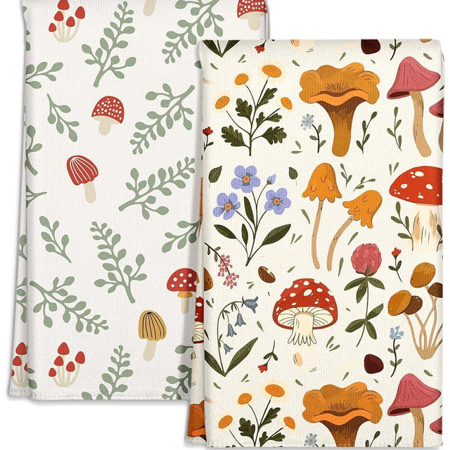 Miss Adola Microfiber Kitchen Towels - Set of 2 Dish Towels for Kitchen 18 x 26 Inch Home Decoration Mushroom Leaf Cute Spring Hand Towels Soft & Absorbent Aesthetic Design