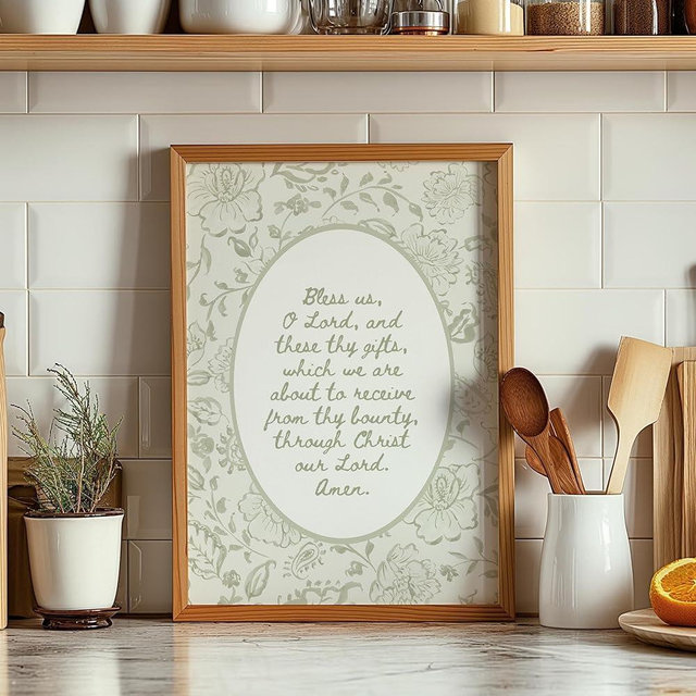 Catholic Mealtime Prayer Sign Blessing Before Meals Wall Art Vintage Bible Poster Sage Green Christian Dinning Room Decor Breakfast Nook Art Unframed Poster