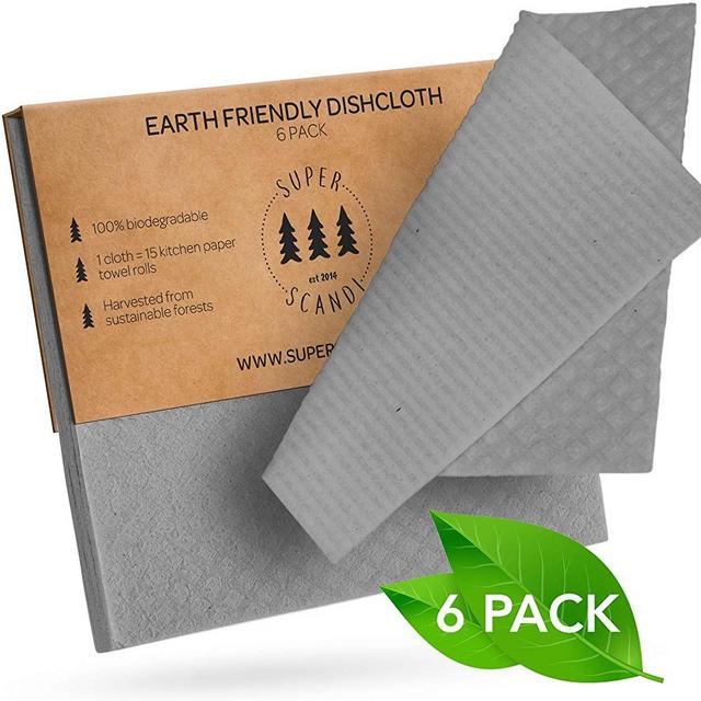 SUPERSCANDI Swedish Dishcloths 6-Pack Grey Reusable Biodegradable Cellulose Sponge Cleaning Cloths for Kitchen Dish Rags Washing Wipes Paper Towel Replacement Washcloths