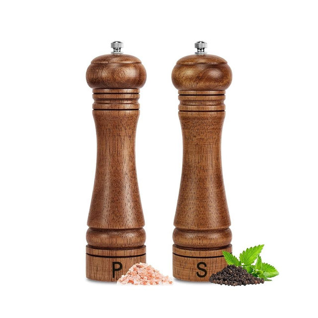 Wooden Salt and Pepper Grinder Set Refillable Salt & Pepper Mills Adjust for Coarseness, Crafted of Solid Oak Wood with Ceramic Stainless Steel Core, 8 Inches - 2 Packs