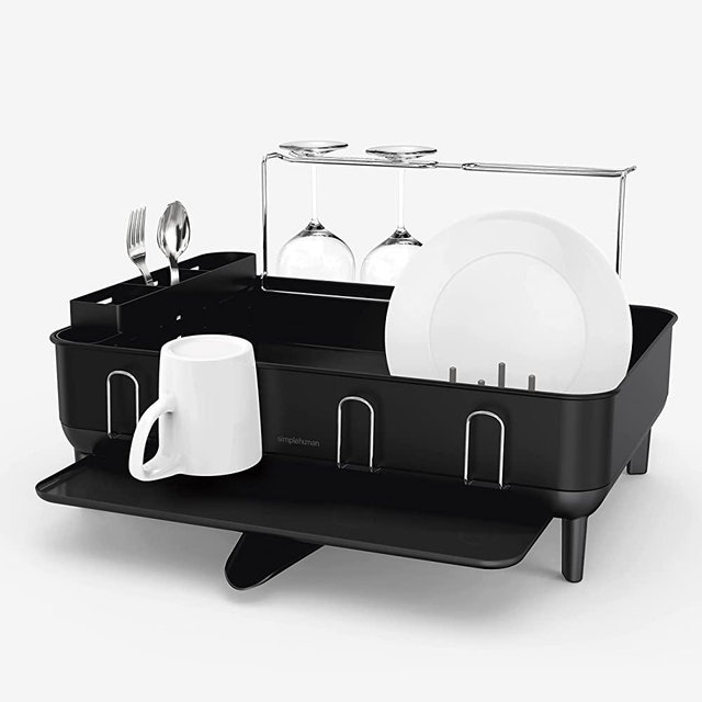simplehuman Kitchen Dish Drying Rack with Swivel Spout, Fingerprint-Proof Stainless Steel Frame, Matte Black
