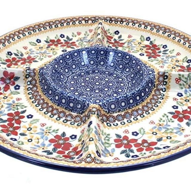 Blue Rose Polish Pottery Red Daisy Chip & Dip Plate