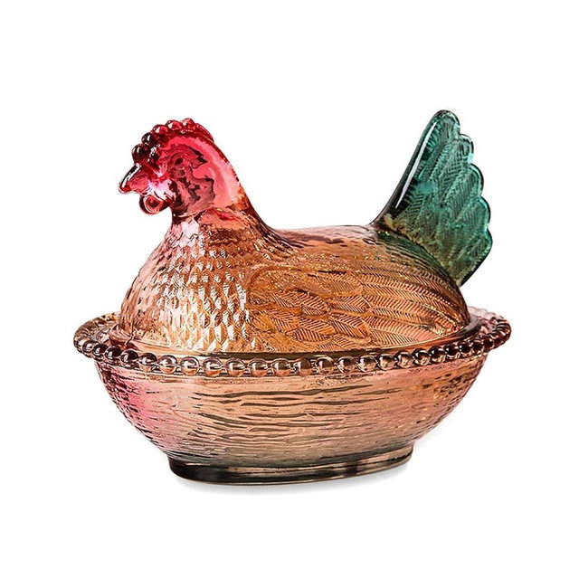 Gkesgm Chicken-Shaped Thanksgiving Decor Glass Condiment Pot with Lid,Glazed Color Crystal Glass Snack Holder for Desktop and Kitchen Tabletop Decor