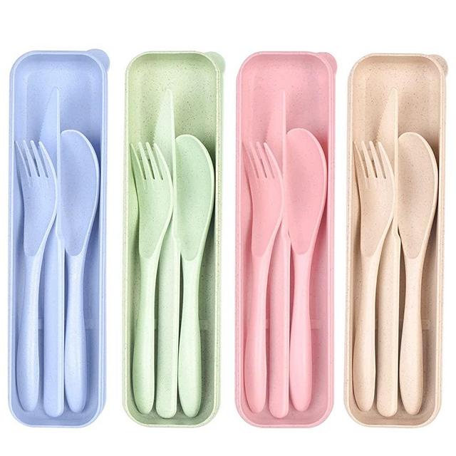 Travel Utensil Set with Case, 4 Sets Wheat Straw Reusable Spoon Knife Forks Tableware, Eco Friendly Non-toxin BPA Free Portable Cutlery for Travel Picnic Camping or Daily Use