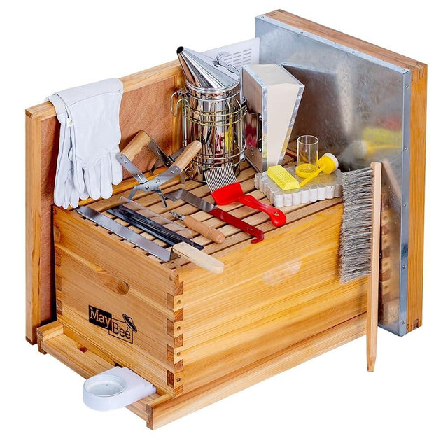MayBee 10-Frame Beehive Starter Kit, Bee Hive Kit Dipped in 100% Beeswax, Bee Hives Boxes Starter Kit Includes Beekeeping Supplies Tool Kit