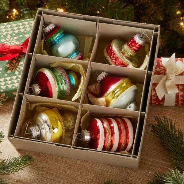 Multi-Shape Striped Glass Christmas Ornament Assortment, Set of 6