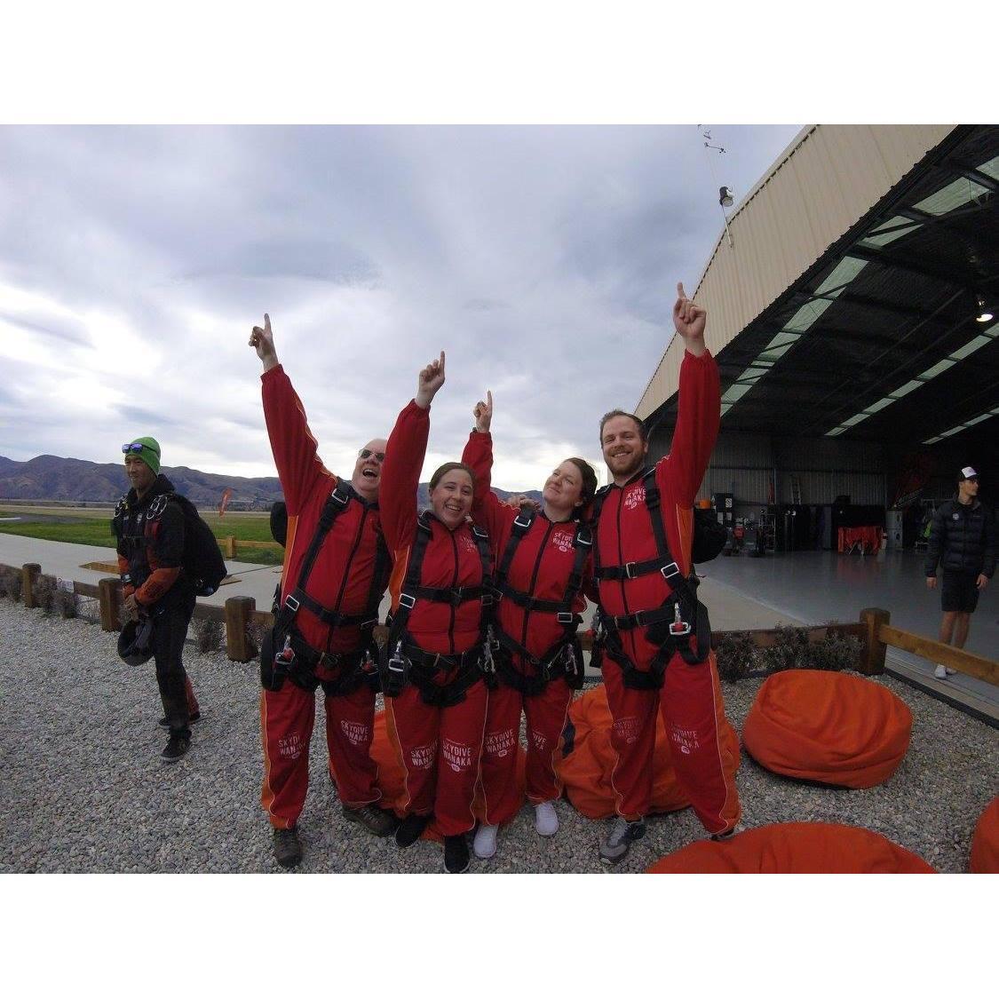 Celebrating surviving their sky dive. Peter and Ellen's dad and sisters, Sarah and Meredith.
Wanaka, New Zealand - April 2017
