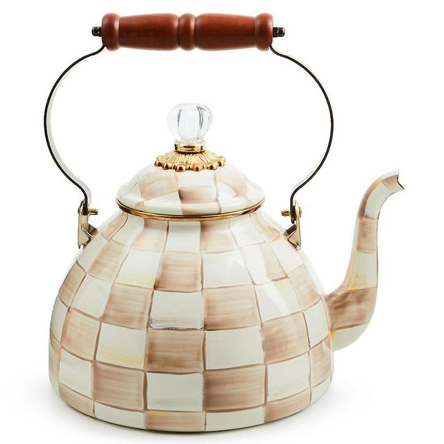 MACKENZIE-CHILDS Enamel Tea Kettle, Stylish Tea Kettle for Stovetop, Brown-and-White Mocha Check, 3 Quarts