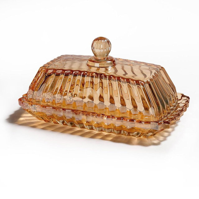 Glass Butter Dish with Cover for Countertop Amber Vintage Crystal Butter Dish with lid for Counter,Covered Glass Butter Holder Keeper Butter Tray for Refrigerator,Butter Container with 4oz Butter
