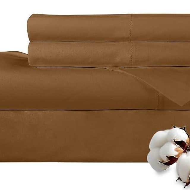 ROYALE LINENS 300 Thread Count 100% Long Staple Combed Cotton Sheet Set - 4 Piece King Bed Sheets - 1 Fitted, 1 Flat & 2 Pillow Cases - Soft Cool & Crisp Sheet Set (King, Chocolate)