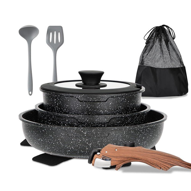 MAISON ARTS Detachable Handle Induction Pots and Pans Set, 10 Piece Non Stick Kitchen Cookware Sets, Stackable Black Granite RV Cooking Set for Camper