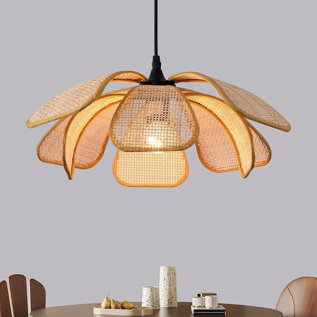 Q&S Natural Rattan Pendant Light Fixtures,Boho Petal Hanging Pendant Light,Small Coastal Wicker Chandeliers for Bedroom Kitchen Island Dining Room Bathroom Hallway Entryway UL Listed