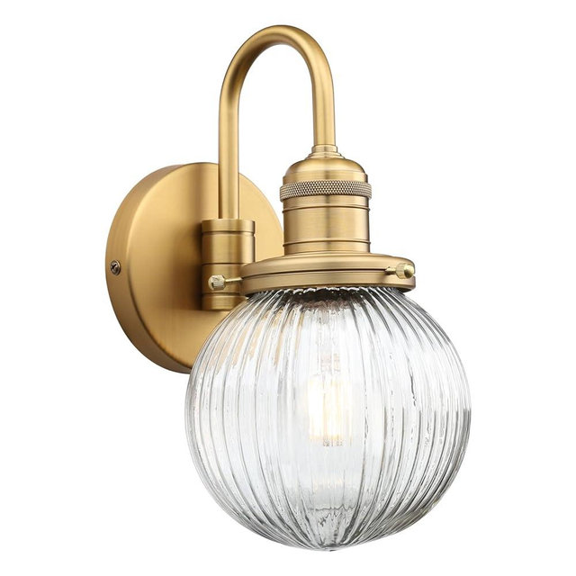 Yosoan 1-Light Brass Modern Vintage Indoor Wall Sconce, Vanity Single Luxury Hardwired Retro Textured Striped Globe Round Clear Glass Shade with Industrial Curved Rod Bathroom Lamp(Antique)