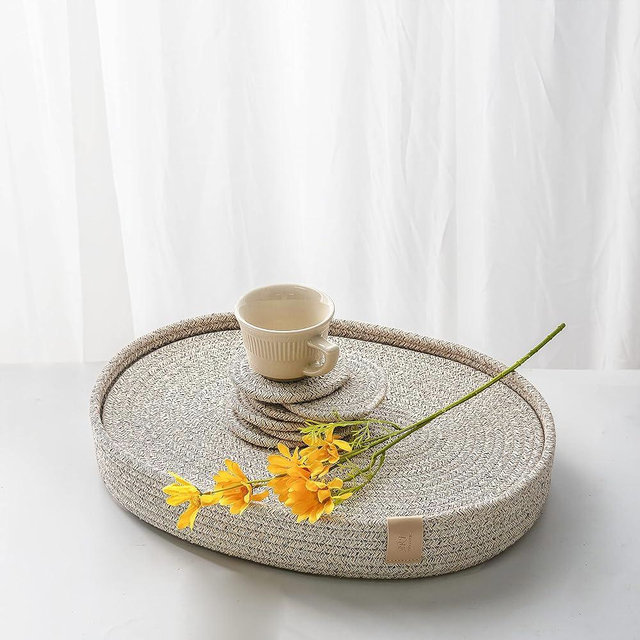 ART pinecone Cotton Rope Woven Placemats 16 * 12 inches Oval Hot Pads Hot Mats Set of 6, and 1 Storage Basket for Holiday Table Decor (16 * 12 Plus 6 Coasters, Brown Mixed)