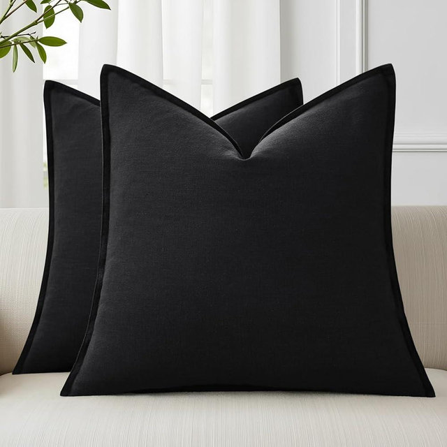 decorUhome Spring Decorative Linen Euro Sham Throw Pillow Covers 24x24 Inch Set of 2 Black Pillow Covers with Flange Edges Soft Farmhouse Boho Accent Pillow Cases for Couch Bed Living Room