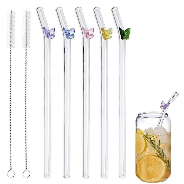 5 Pcs Reusable Glass Straws,Colorful Butterfly on Clear Straws With Design 7.9in X 8mm Shatter Resistant Bent Drinking Straws with 2 Cleaning Brushes for Shakes,Juices,Smoothies, Cocktails